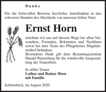 Traueranzeige von Ernst Horn  von Magdeburger Volksstimme
