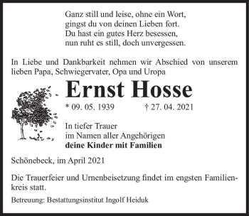 Traueranzeige von Ernst Hosse  von Magdeburger Volksstimme
