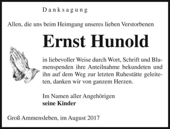 Traueranzeige von Ernst Hunold  von Magdeburger Volksstimme
