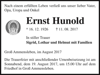 Traueranzeige von Ernst Hunold  von Magdeburger Volksstimme