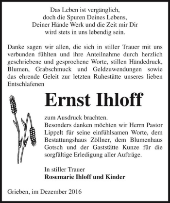 Traueranzeige von Ernst Ihloff  von Magdeburger Volksstimme
