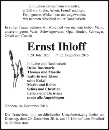 Traueranzeige von Ernst Ihloff  von Magdeburger Volksstimme