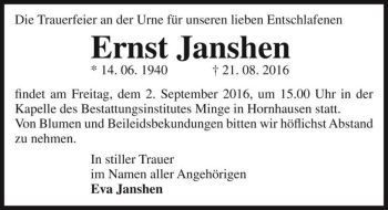 Traueranzeige von Ernst Janshen  von Magdeburger Volksstimme