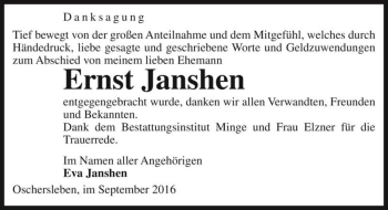 Traueranzeige von Ernst Janshen  von Magdeburger Volksstimme