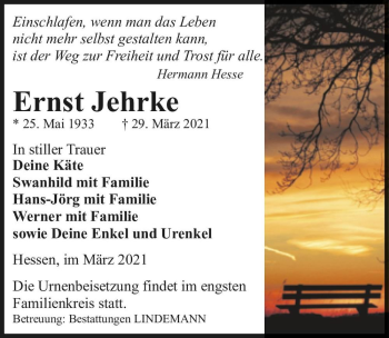 Traueranzeige von Ernst Jehrke  von Magdeburger Volksstimme