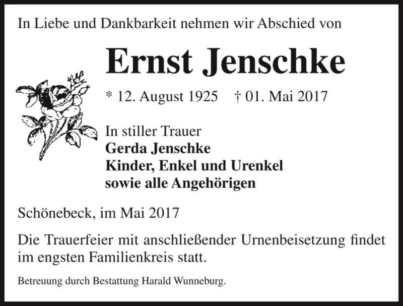  Traueranzeige für Ernst Jenschke  vom 06.05.2017 aus Magdeburger Volksstimme