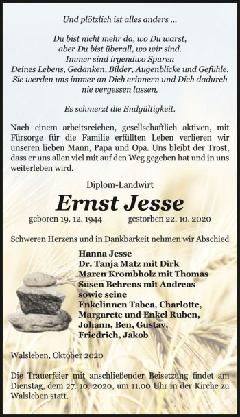 Traueranzeige von Ernst Jesse  von Magdeburger Volksstimme