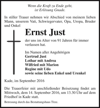 Traueranzeige von Ernst Just  von Magdeburger Volksstimme