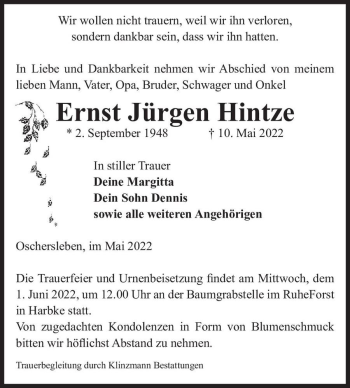 Traueranzeige von Ernst Jürgen Hintze  von Magdeburger Volksstimme