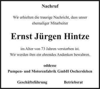 Traueranzeige von Ernst Jürgen Hintze  von Magdeburger Volksstimme