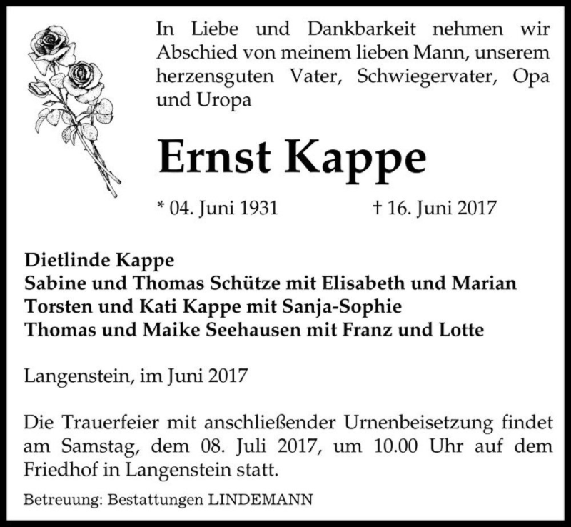  Traueranzeige für Ernst Kappe  vom 24.06.2017 aus Magdeburger Volksstimme