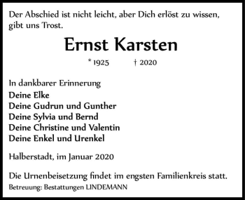 Traueranzeige von Ernst Karsten  von Magdeburger Volksstimme