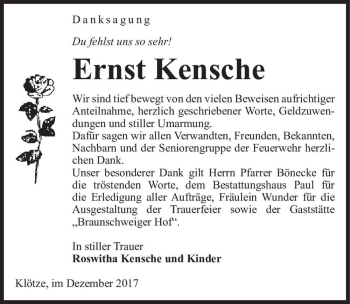 Traueranzeige von Ernst Kensche  von Magdeburger Volksstimme