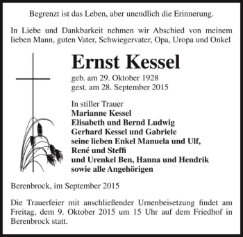Traueranzeige von Ernst Kessel  von Magdeburger Volksstimme