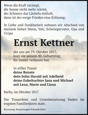Traueranzeige von Ernst Kettner  von Magdeburger Volksstimme