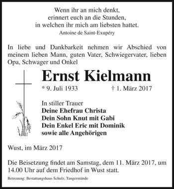 Traueranzeige von Ernst Kielmann  von Magdeburger Volksstimme