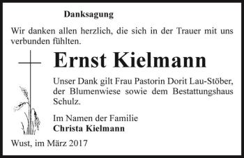 Traueranzeige von Ernst Kielmann  von Magdeburger Volksstimme