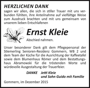 Traueranzeige von Ernst Kleie  von Magdeburger Volksstimme