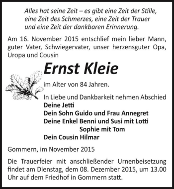 Traueranzeige von Ernst Kleie  von Magdeburger Volksstimme