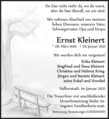 Traueranzeige von Ernst Kleinert  von Magdeburger Volksstimme