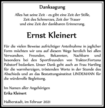Traueranzeige von Ernst Kleinert  von Magdeburger Volksstimme