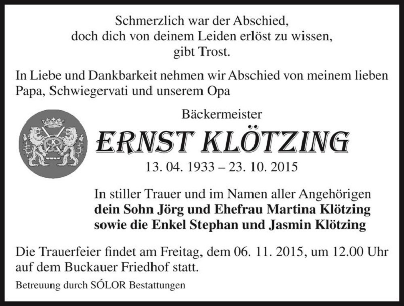  Traueranzeige für Ernst Klötzing  vom 30.10.2015 aus Magdeburger Volksstimme