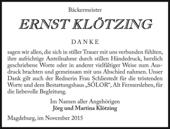 Traueranzeige von Ernst Klötzing  von Magdeburger Volksstimme