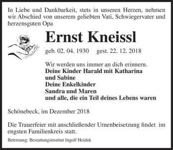 Traueranzeige von Ernst Kneissl  von Magdeburger Volksstimme