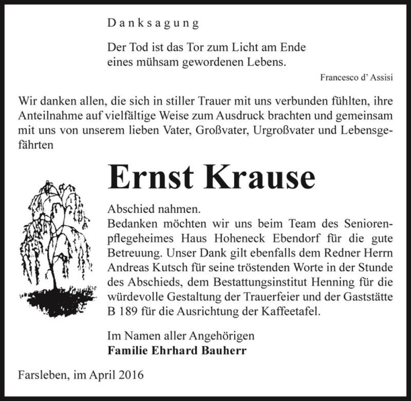  Traueranzeige für Ernst Krause  vom 30.04.2016 aus Magdeburger Volksstimme