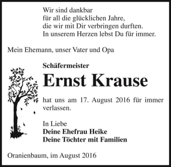 Traueranzeige von Ernst Krause  von Magdeburger Volksstimme