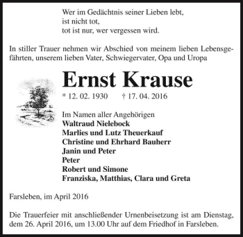 Traueranzeige von Ernst Krause  von Magdeburger Volksstimme