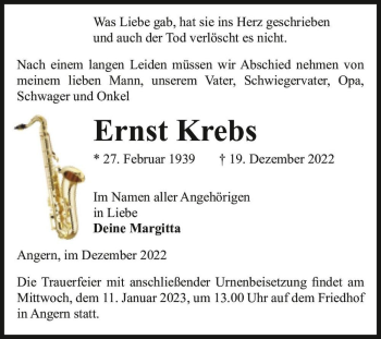 Traueranzeige von Ernst Krebs  von Magdeburger Volksstimme