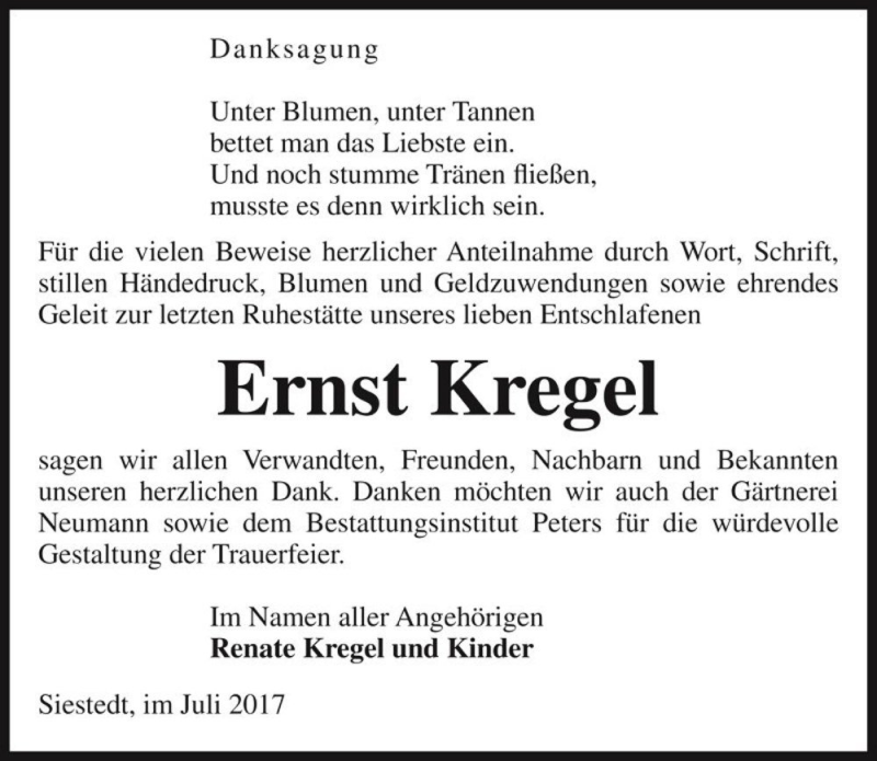  Traueranzeige für Ernst Kregel  vom 06.07.2017 aus Magdeburger Volksstimme