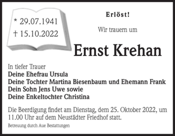 Traueranzeige von Ernst Krehan  von Magdeburger Volksstimme
