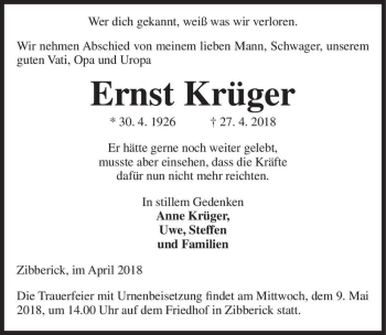 Traueranzeige von Ernst Krüger  von Magdeburger Volksstimme