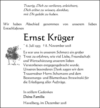 Traueranzeige von Ernst Krüger  von Magdeburger Volksstimme