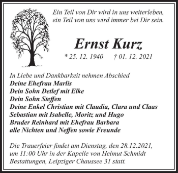 Traueranzeige von Ernst Kurz  von Magdeburger Volksstimme