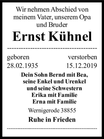 Traueranzeige von Ernst Kühnel  von Magdeburger Volksstimme