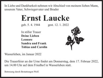 Traueranzeige von Ernst Laucke  von Magdeburger Volksstimme