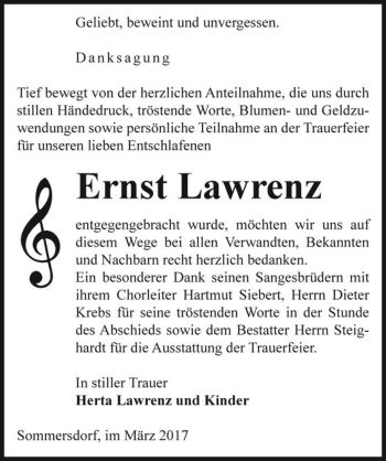Traueranzeige von Ernst Lawrenz  von Magdeburger Volksstimme