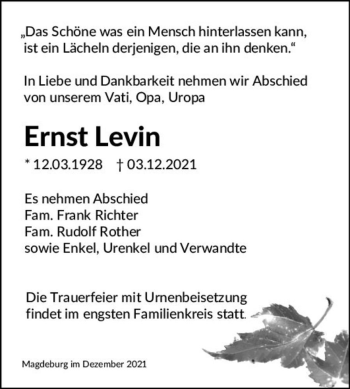 Traueranzeige von Ernst Levin  von Magdeburger Volksstimme