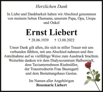 Traueranzeige von Ernst Liebert  von Magdeburger Volksstimme