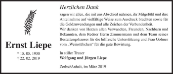 Traueranzeige von Ernst Liepe  von Magdeburger Volksstimme