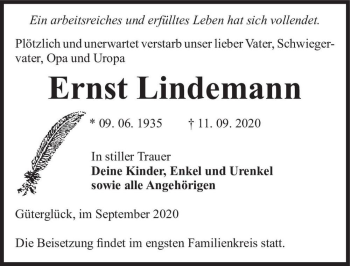 Traueranzeige von Ernst Lindemann  von Magdeburger Volksstimme