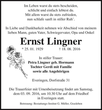 Traueranzeige von Ernst Lingner  von Magdeburger Volksstimme
