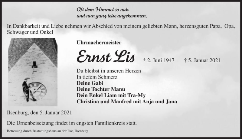  Traueranzeige für Ernst Lis  vom 12.01.2021 aus Magdeburger Volksstimme