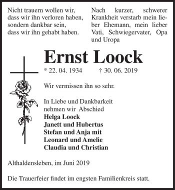 Traueranzeige von Ernst Loock  von Magdeburger Volksstimme