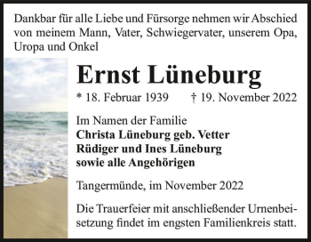 Traueranzeige von Ernst Lüneburg  von Magdeburger Volksstimme