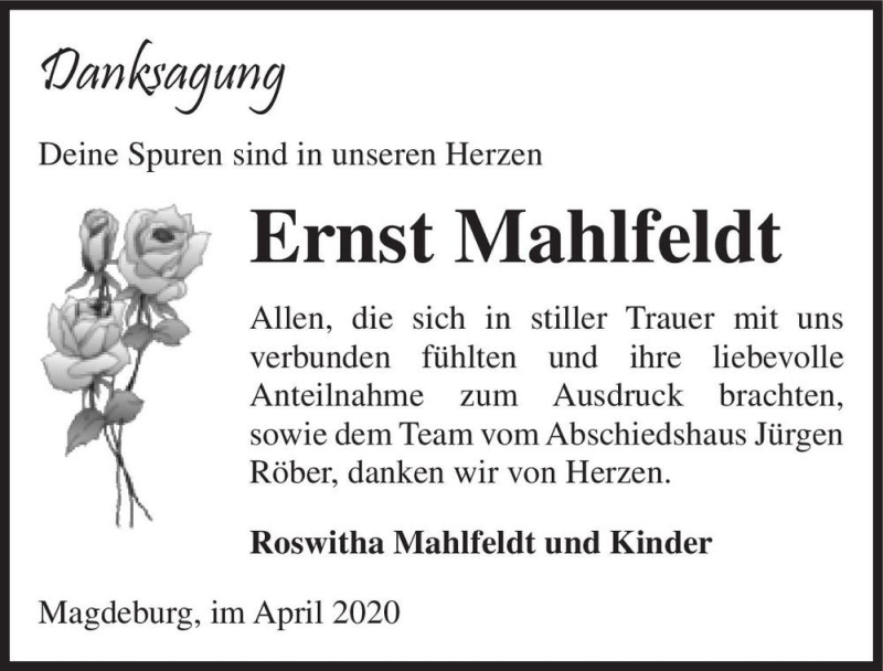  Traueranzeige für Ernst Mahlfeldt  vom 09.05.2020 aus Magdeburger Volksstimme