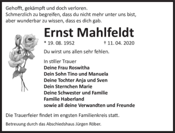 Traueranzeige von Ernst Mahlfeldt  von Magdeburger Volksstimme